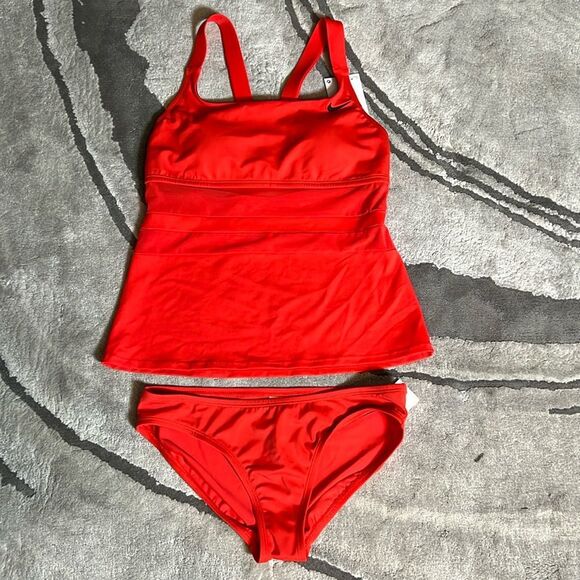 NIKE Mesh Solid Edge V-Back Women's 2-Piece Tankini Swim Set - Picture 1 of 13